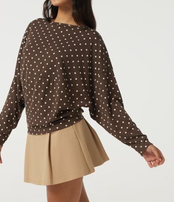 Boat Neck Dropped Long Sleeve Polka Dot Casual Top Boat Neck Dropped Long Sleeve Polka Dot Casual Top