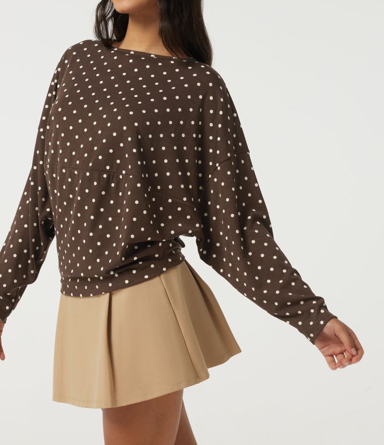 Boat Neck Dropped Long Sleeve Polka Dot Casual Top Boat Neck Dropped Long Sleeve Polka Dot Casual Top