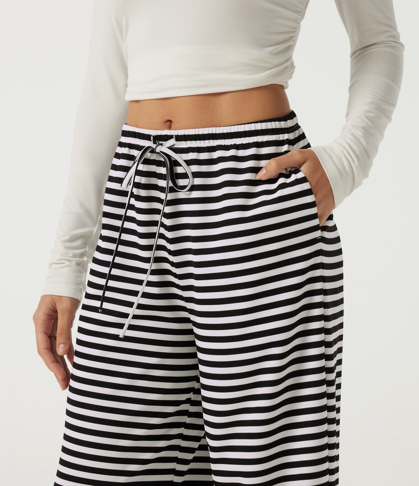 Mid Rise Drawstring Baggy Stripe Waffle Lounge Pants with Pockets