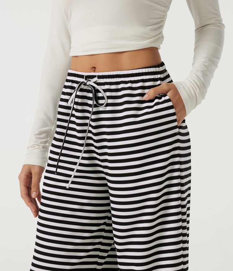 Mid Rise Drawstring Baggy Stripe Waffle Lounge Pants with Pockets