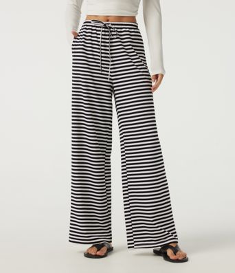 Mid Rise Drawstring Baggy Stripe Waffle Lounge Pants with Pockets