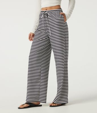 Mid Rise Drawstring Baggy Stripe Waffle Lounge Pants with Pockets