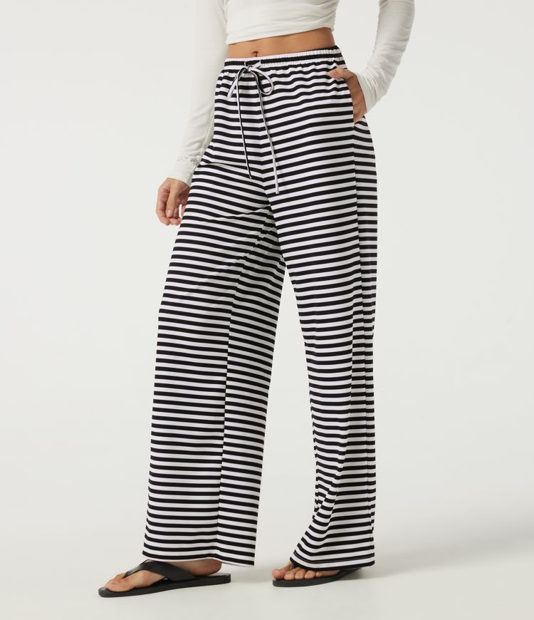 Mid Rise Drawstring Baggy Stripe Waffle Lounge Pants with Pockets
