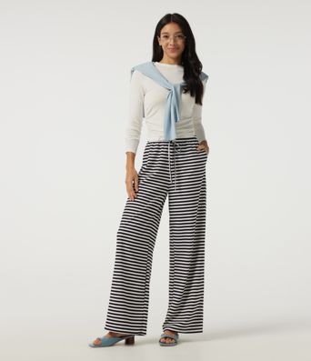 Mid Rise Drawstring Baggy Stripe Waffle Lounge Pants with Pockets