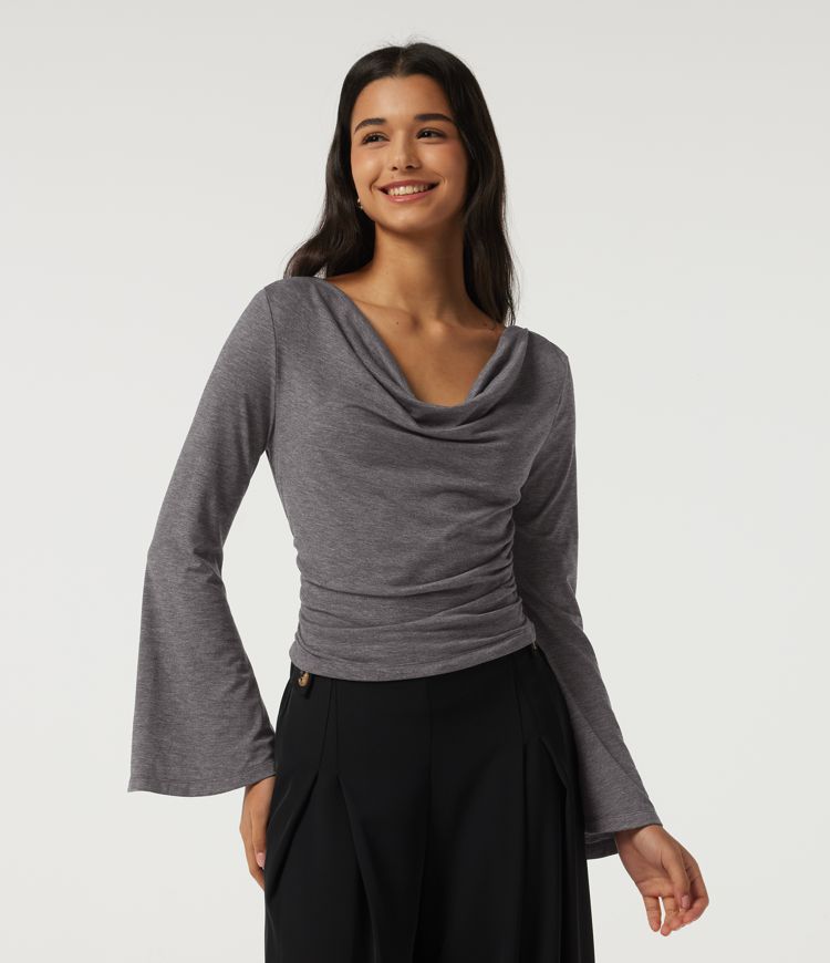 Cowl Neck Flounce Long Sleeve Casual T-Shirt Cowl Neck Flounce Long Sleeve Casual T-Shirt