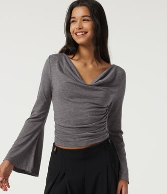 Cowl Neck Flounce Long Sleeve Casual T-Shirt Cowl Neck Flounce Long Sleeve Casual T-Shirt