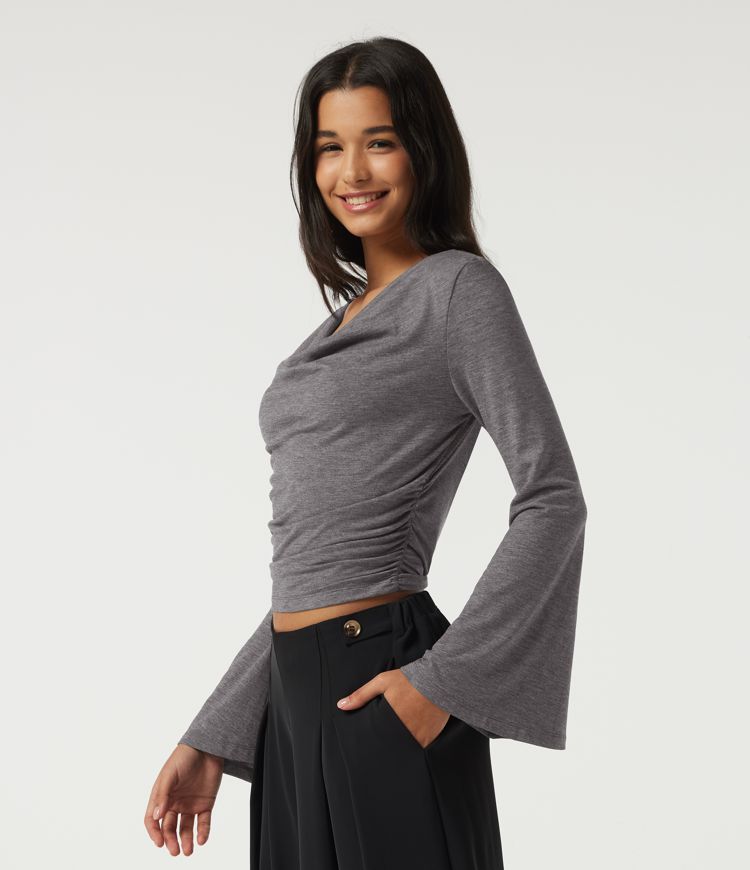 Cowl Neck Flounce Long Sleeve Casual T-Shirt Cowl Neck Flounce Long Sleeve Casual T-Shirt