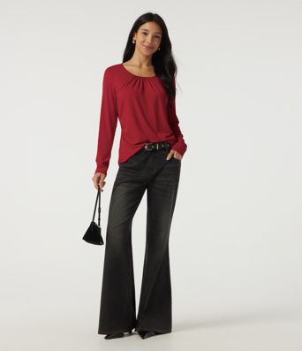 U Neck Long Sleeve Ruched Work Top