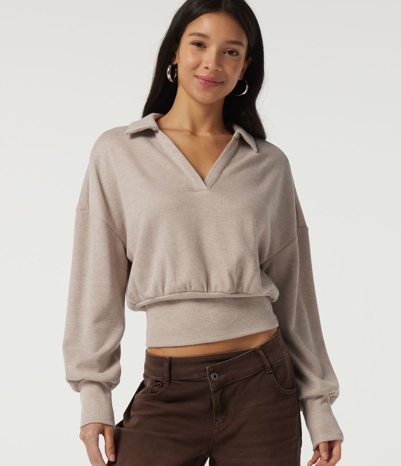 Ribbed Knit Lapel Long Sleeve Casual Top Ribbed Knit Lapel Long Sleeve Casual Top