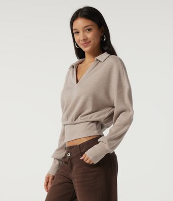 Ribbed Knit Lapel Long Sleeve Casual Top Ribbed Knit Lapel Long Sleeve Casual Top
