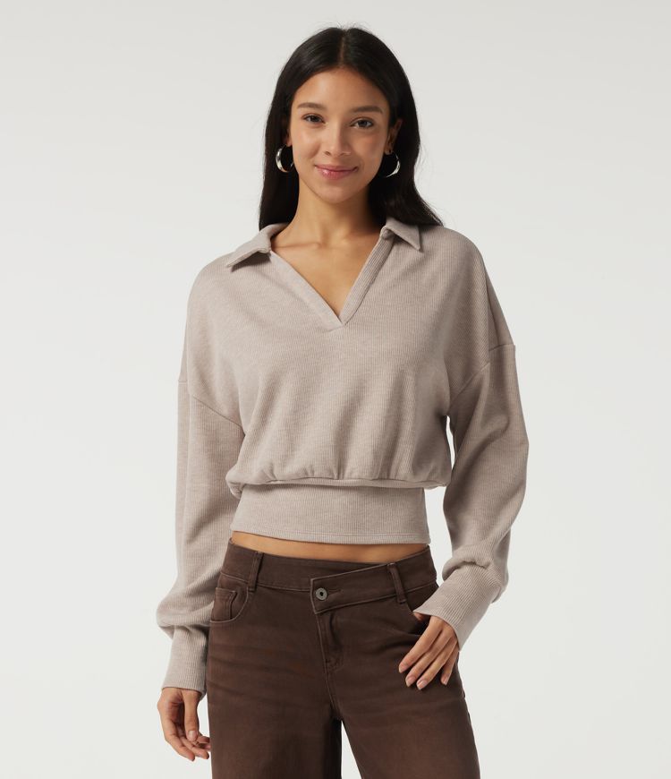 Ribbed Knit Lapel Long Sleeve Casual Top Ribbed Knit Lapel Long Sleeve Casual Top
