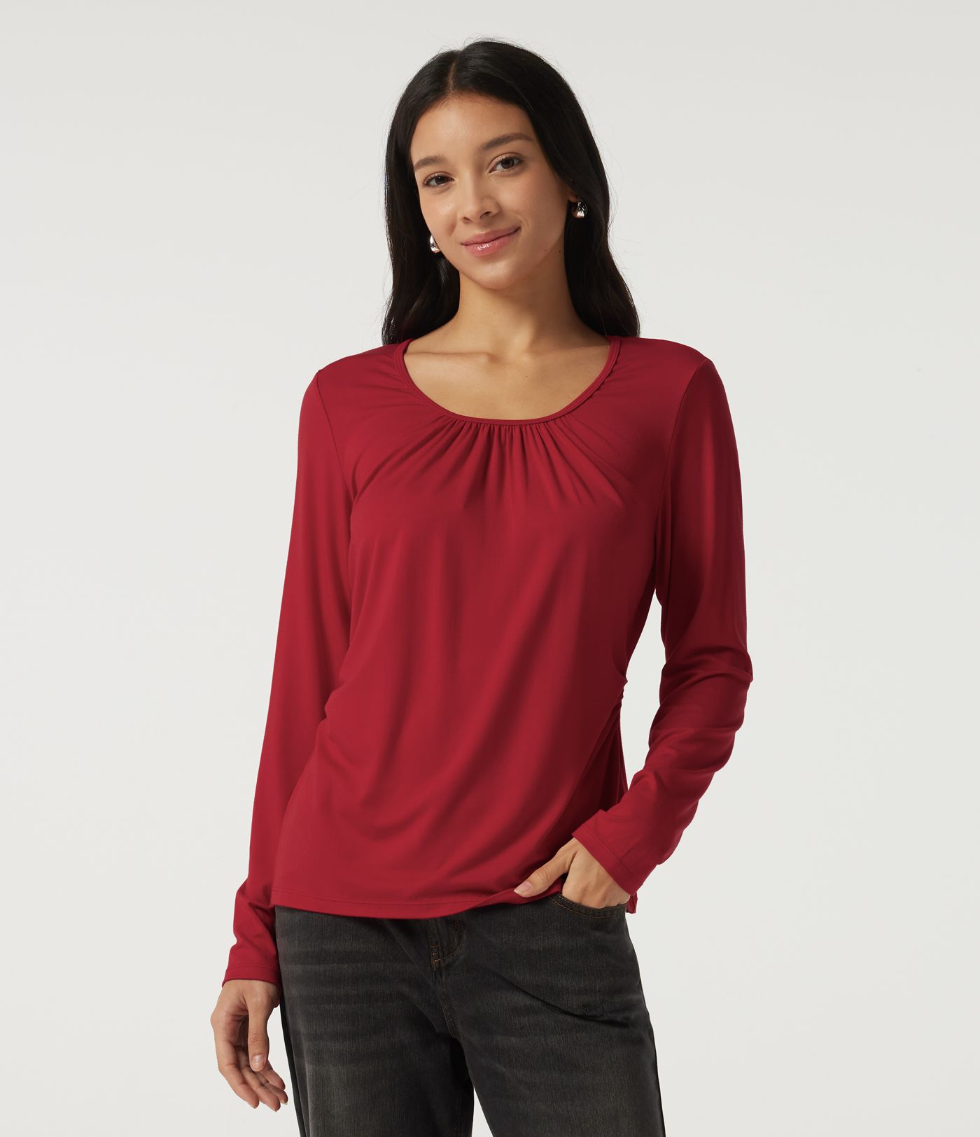 U Neck Long Sleeve Ruched Work Top