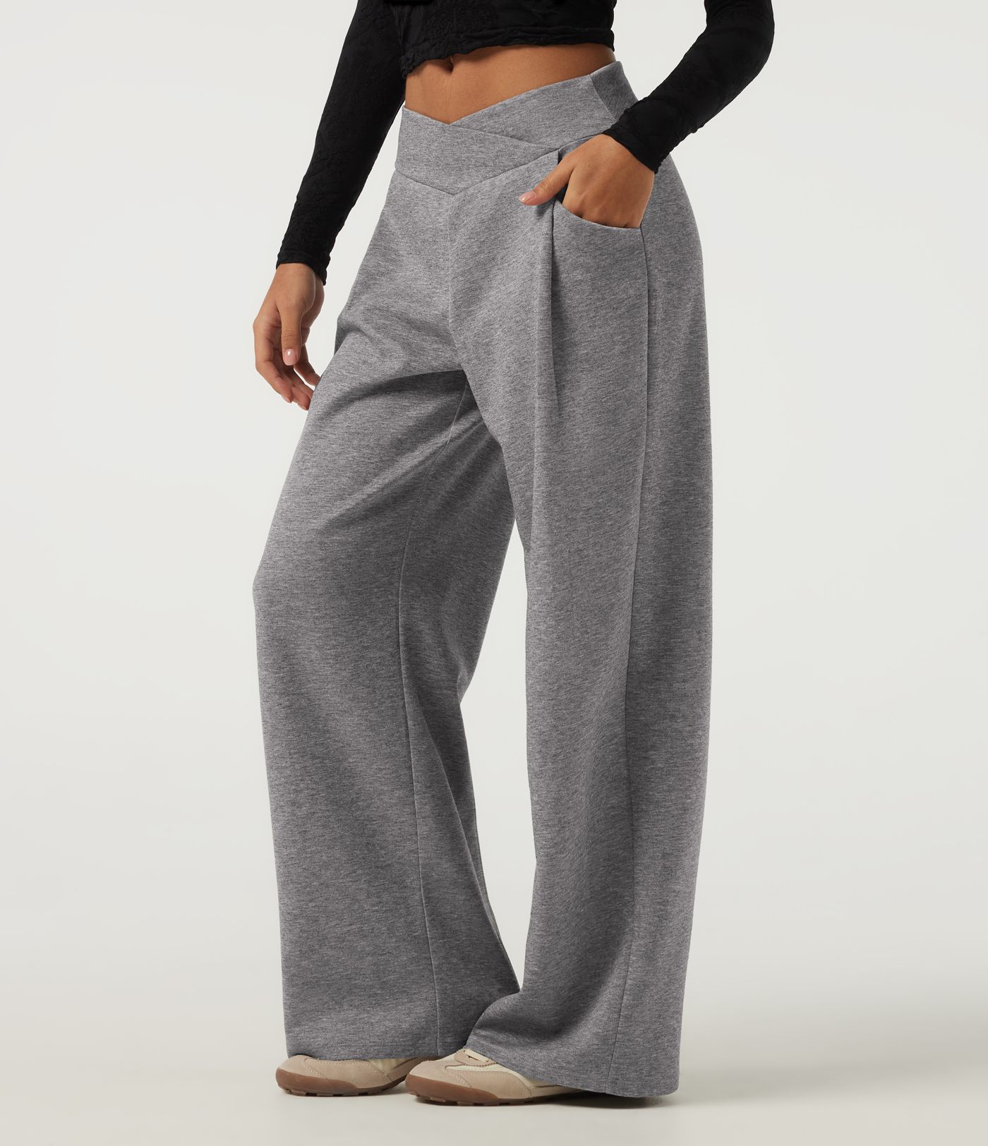 Mid Rise Crossover Wide Leg Casual Sweatpants with Pockets