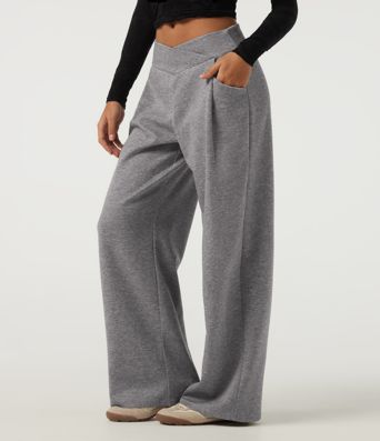 Mid Rise Crossover Wide Leg Casual Sweatpants with Pockets
