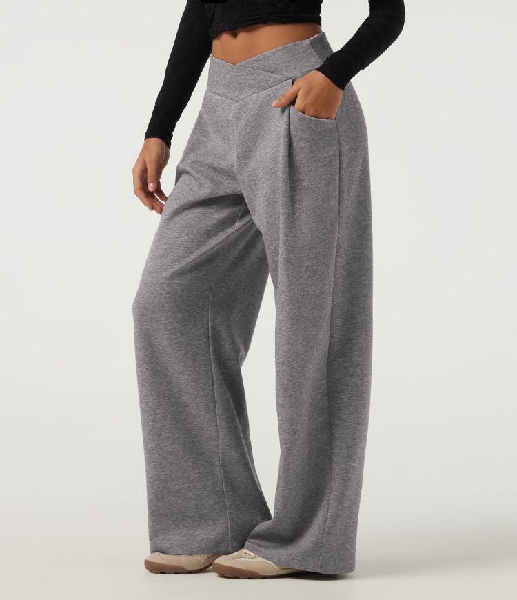 Mid Rise Crossover Wide Leg Casual Sweatpants with Pockets