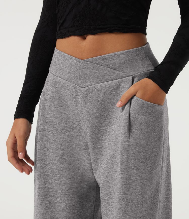 Mid Rise Crossover Wide Leg Casual Sweatpants with Pockets