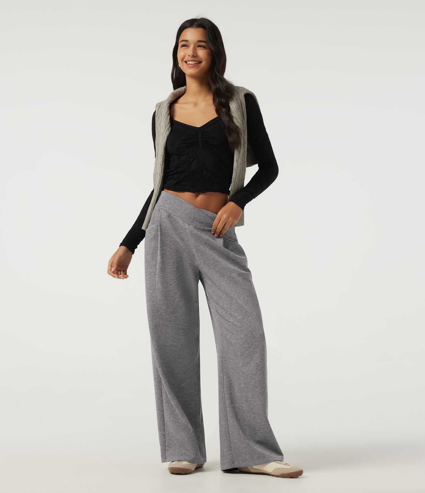 Mid Rise Crossover Wide Leg Casual Sweatpants with Pockets