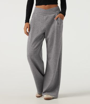 Mid Rise Crossover Wide Leg Casual Sweatpants with Pockets