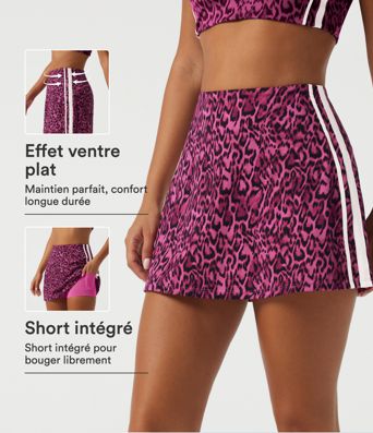 Jupe-short d’entraînement mini gainante taille haute coupe trapèze à imprimé léopard et bandes latérales avec poches