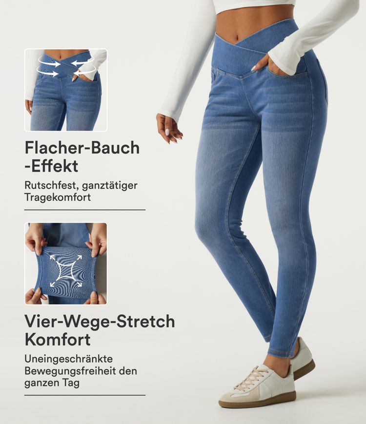Halara Flex™ - Lässige Jeans aus elastischem Strick-Denim mit hohem Crossover-Bund, Gesäßtaschen und Bauchkontrolle - skinny fit