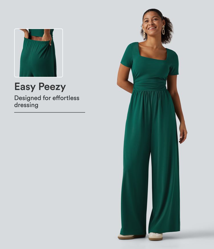 Square Neck Short Sleeve Wide Leg Casual Jumpsuit with Pockets - Easy Peezy Edition Square Neck Short Sleeve Wide Leg Casual Jumpsuit with Pockets - Easy Peezy Edition