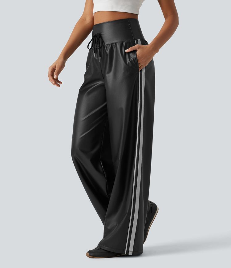 High Waisted Tummy Control Drawstring Wide Leg Side Stripe Stretchy PU Fleece Casual Pants with Pockets