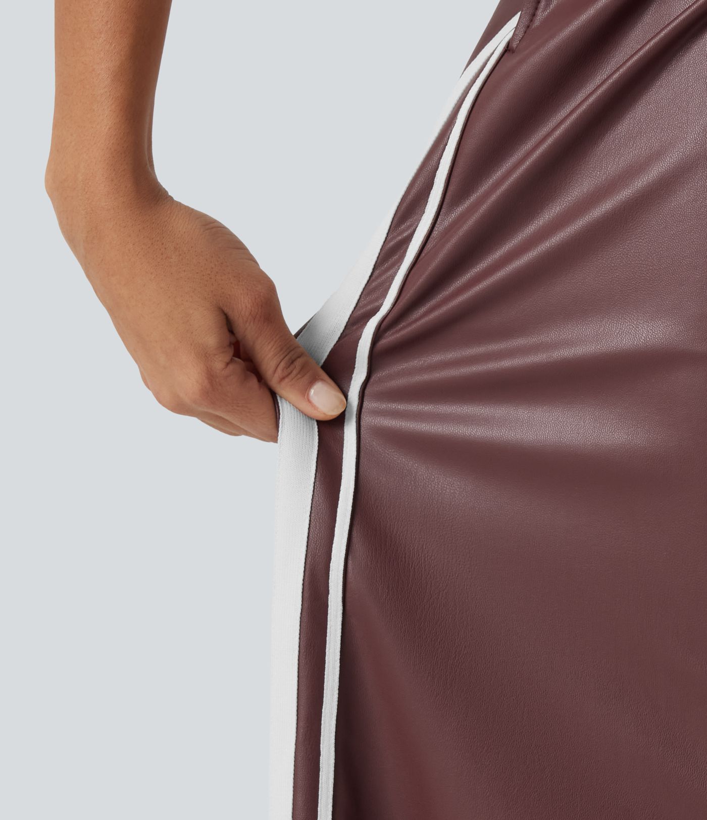 High Waisted Tummy Control Drawstring Wide Leg Side Stripe Stretchy PU Fleece Casual Pants with Pockets