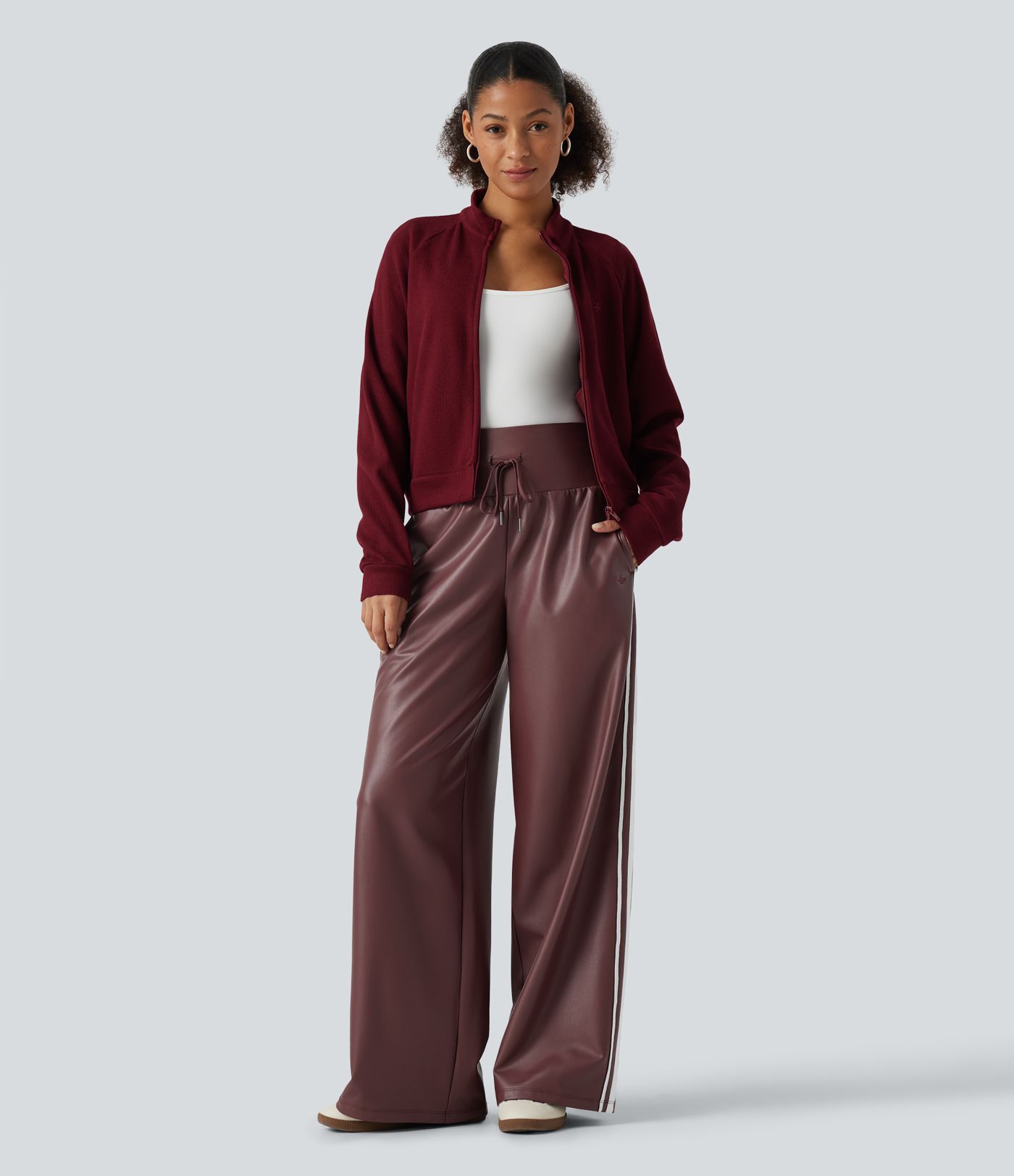 High Waisted Tummy Control Drawstring Wide Leg Side Stripe Stretchy PU Fleece Casual Pants with Pockets