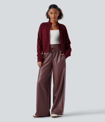 High Waisted Tummy Control Drawstring Wide Leg Side Stripe Stretchy PU Fleece Casual Pants with Pockets