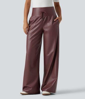 High Waisted Tummy Control Drawstring Wide Leg Side Stripe Stretchy PU Fleece Casual Pants with Pockets