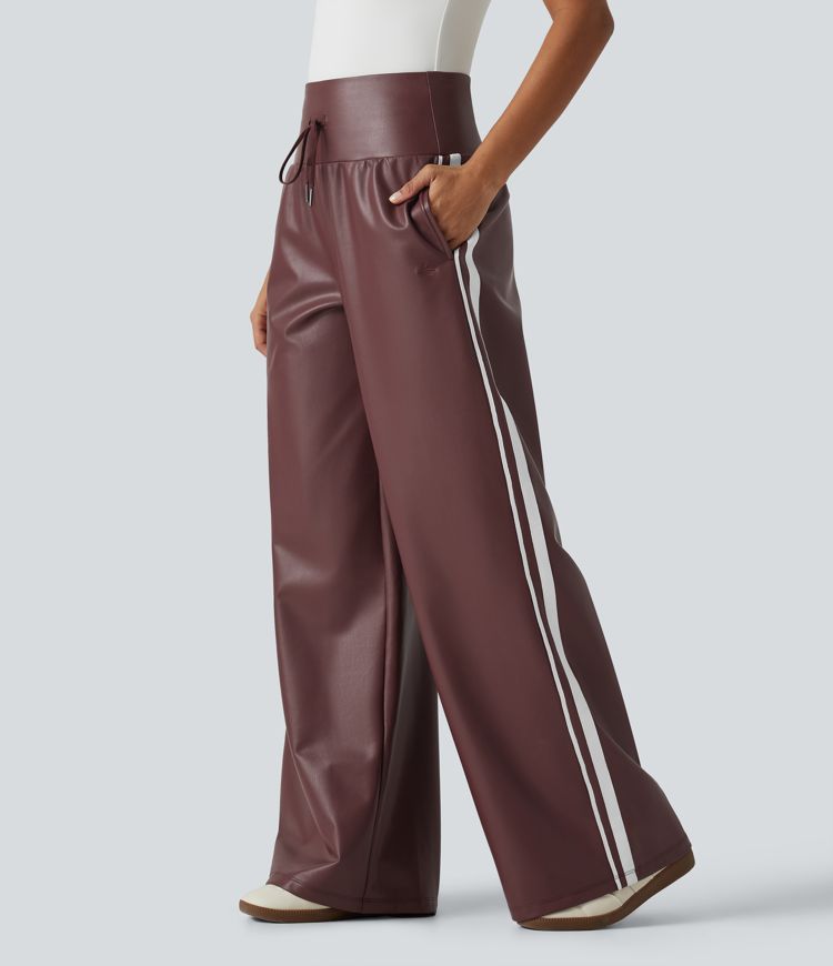High Waisted Tummy Control Drawstring Wide Leg Side Stripe Stretchy PU Fleece Casual Pants with Pockets
