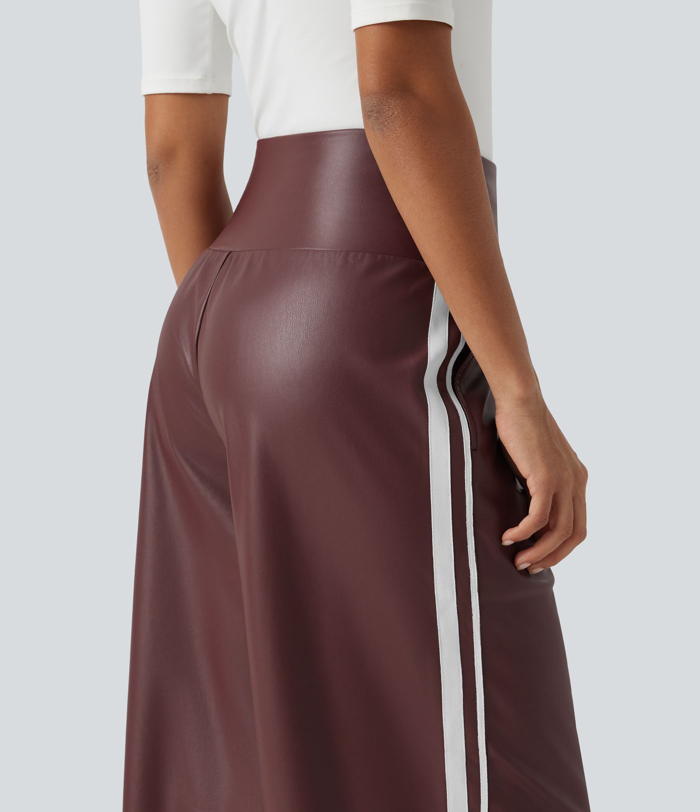 High Waisted Tummy Control Drawstring Wide Leg Side Stripe Stretchy PU Fleece Casual Pants with Pockets