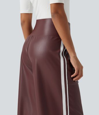 High Waisted Tummy Control Drawstring Wide Leg Side Stripe Stretchy PU Fleece Casual Pants with Pockets