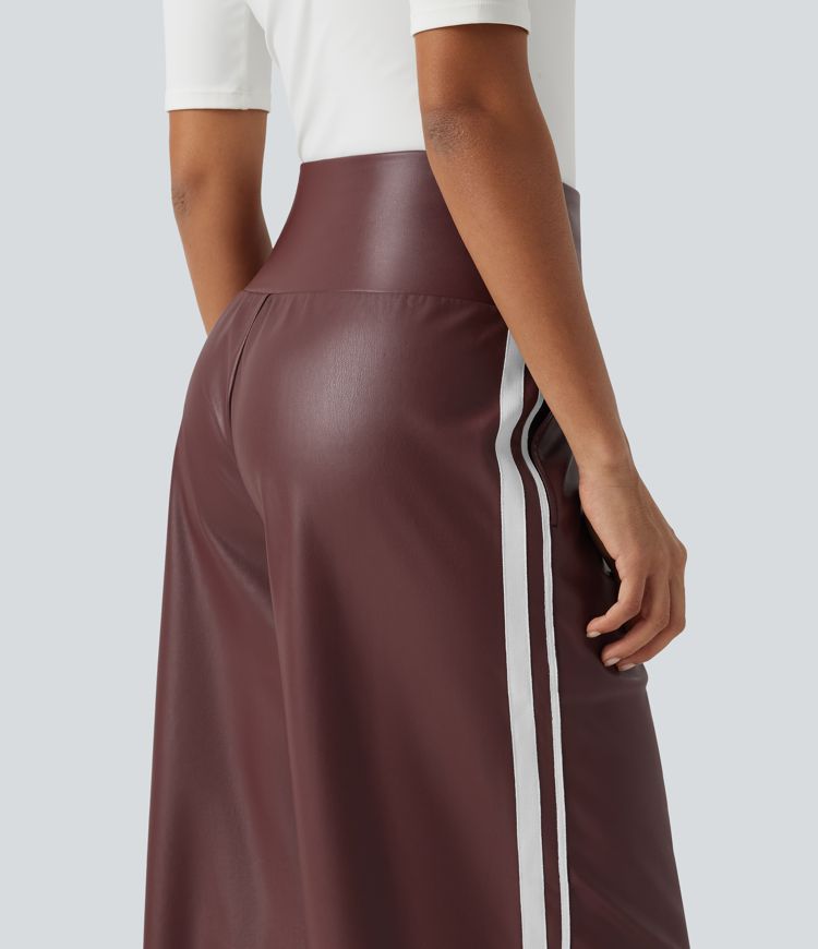 High Waisted Tummy Control Drawstring Wide Leg Side Stripe Stretchy PU Fleece Casual Pants with Pockets