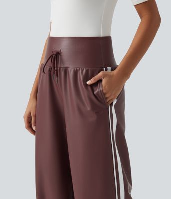 High Waisted Tummy Control Drawstring Wide Leg Side Stripe Stretchy PU Fleece Casual Pants with Pockets