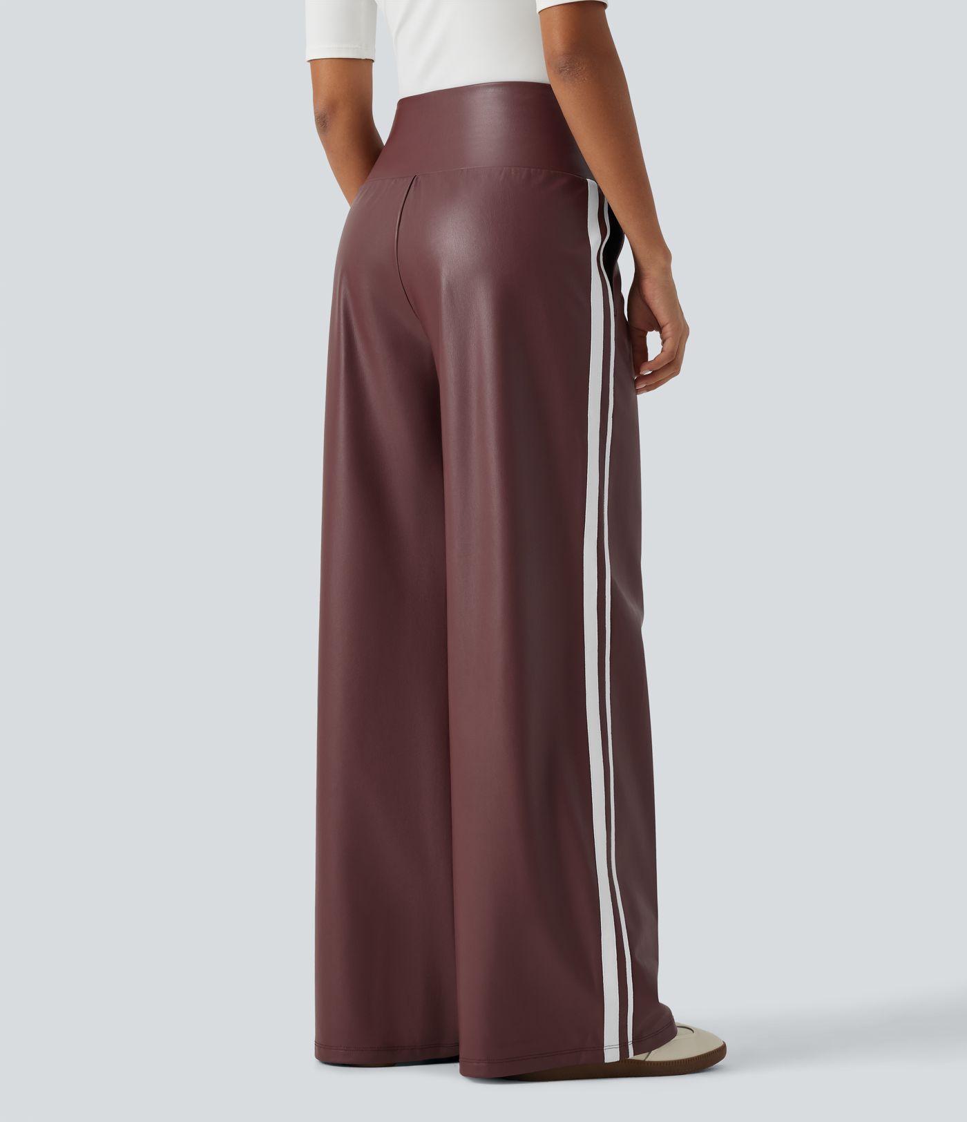 High Waisted Tummy Control Drawstring Wide Leg Side Stripe Stretchy PU Fleece Casual Pants with Pockets