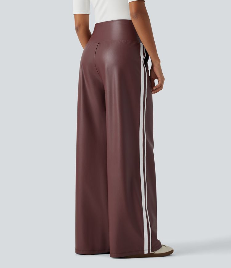 High Waisted Tummy Control Drawstring Wide Leg Side Stripe Stretchy PU Fleece Casual Pants with Pockets