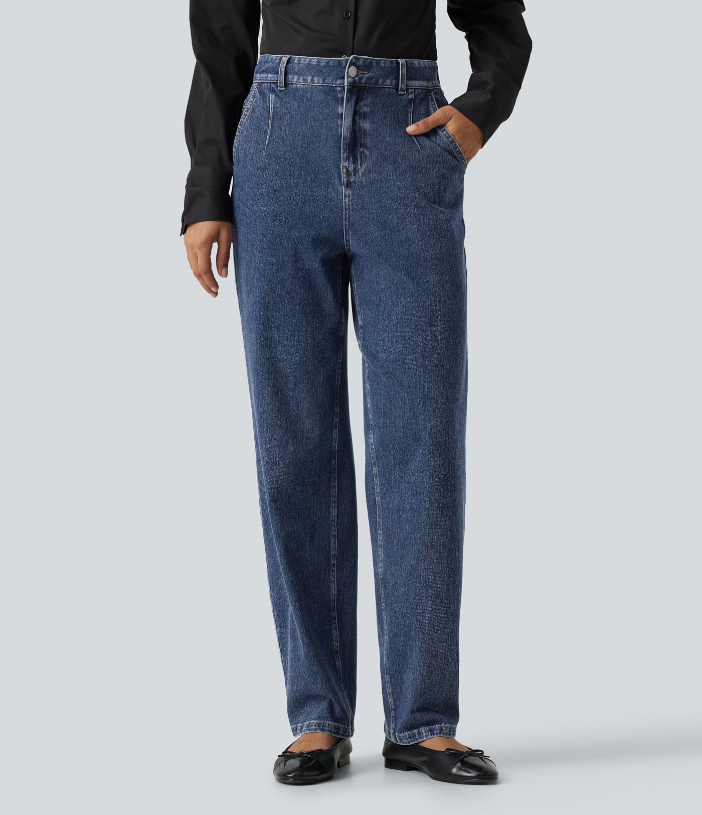 Halara Flex™ High Waisted Tapered Casual Cotton Jeans with Pockets Halara Flex™ High Waisted Tapered Casual Cotton Jeans with Pockets