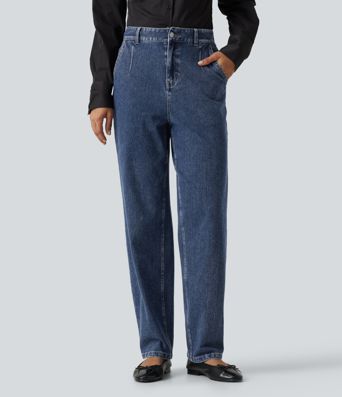 Halara Flex™ High Waisted Tapered Casual Cotton Jeans with Pockets Halara Flex™ High Waisted Tapered Casual Cotton Jeans with Pockets