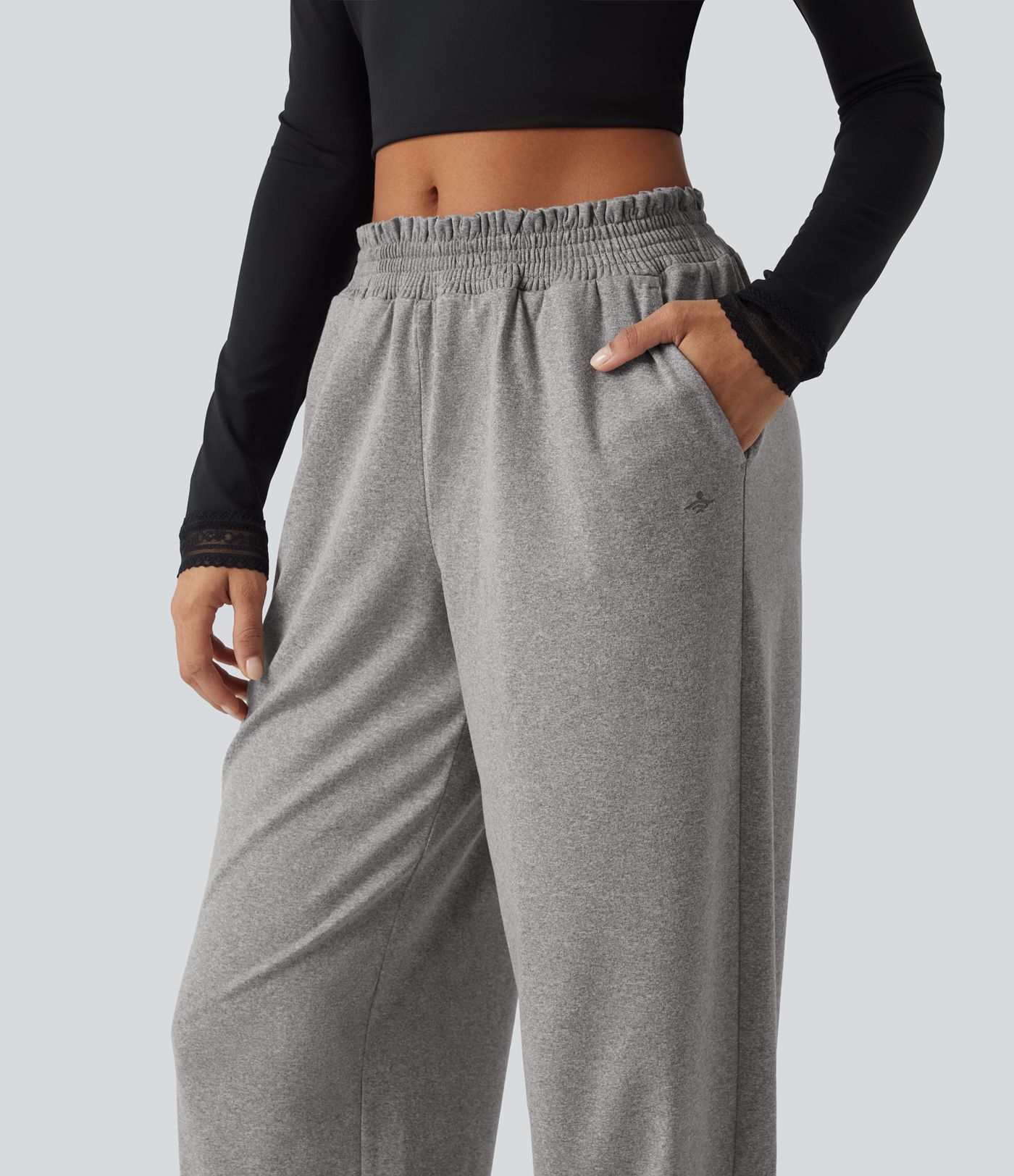 Mid Rise Shirred Lace Up Casual Sweatpants with Pockets