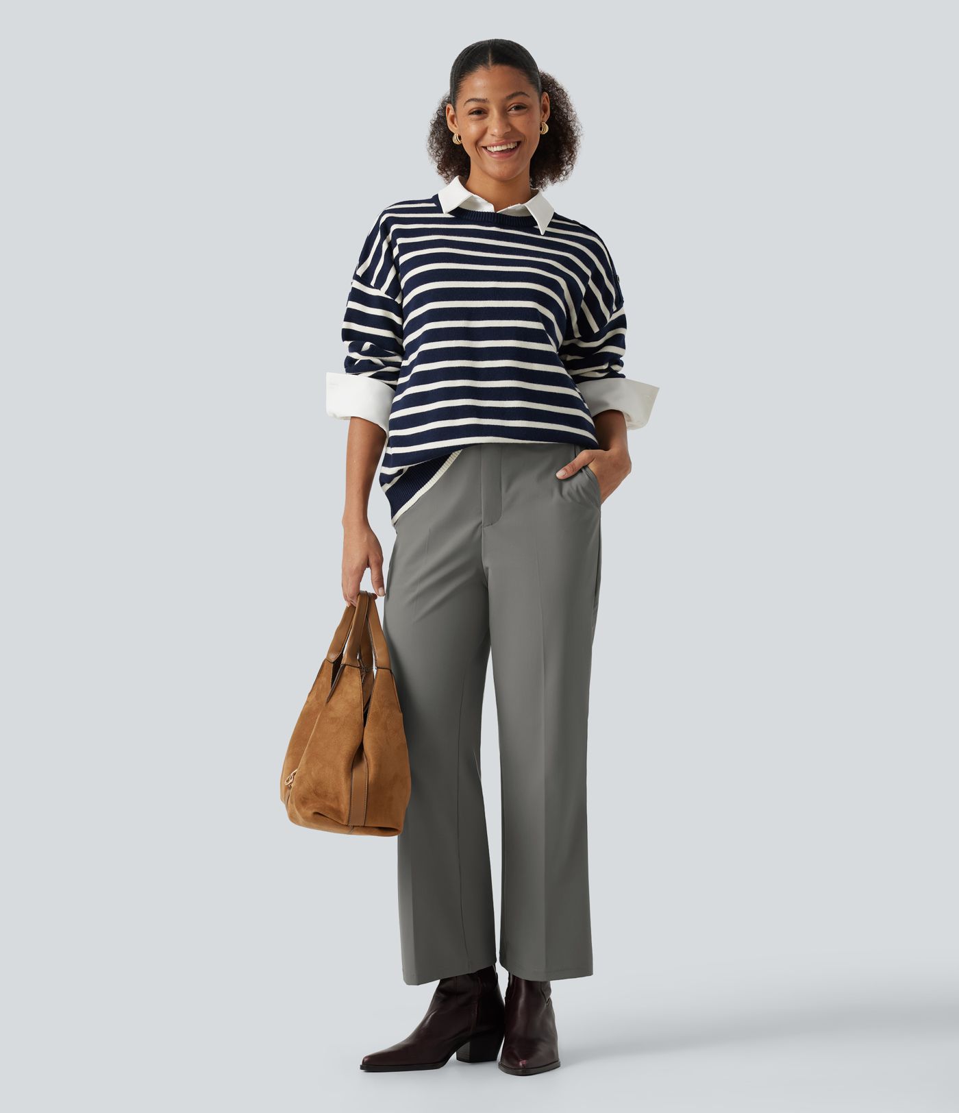 Wrinkle Recovery High Waisted Work Bootcut Pants with Pockets