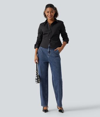 Halara Flex™ High Waisted Tapered Casual Cotton Jeans with Pockets Halara Flex™ High Waisted Tapered Casual Cotton Jeans with Pockets