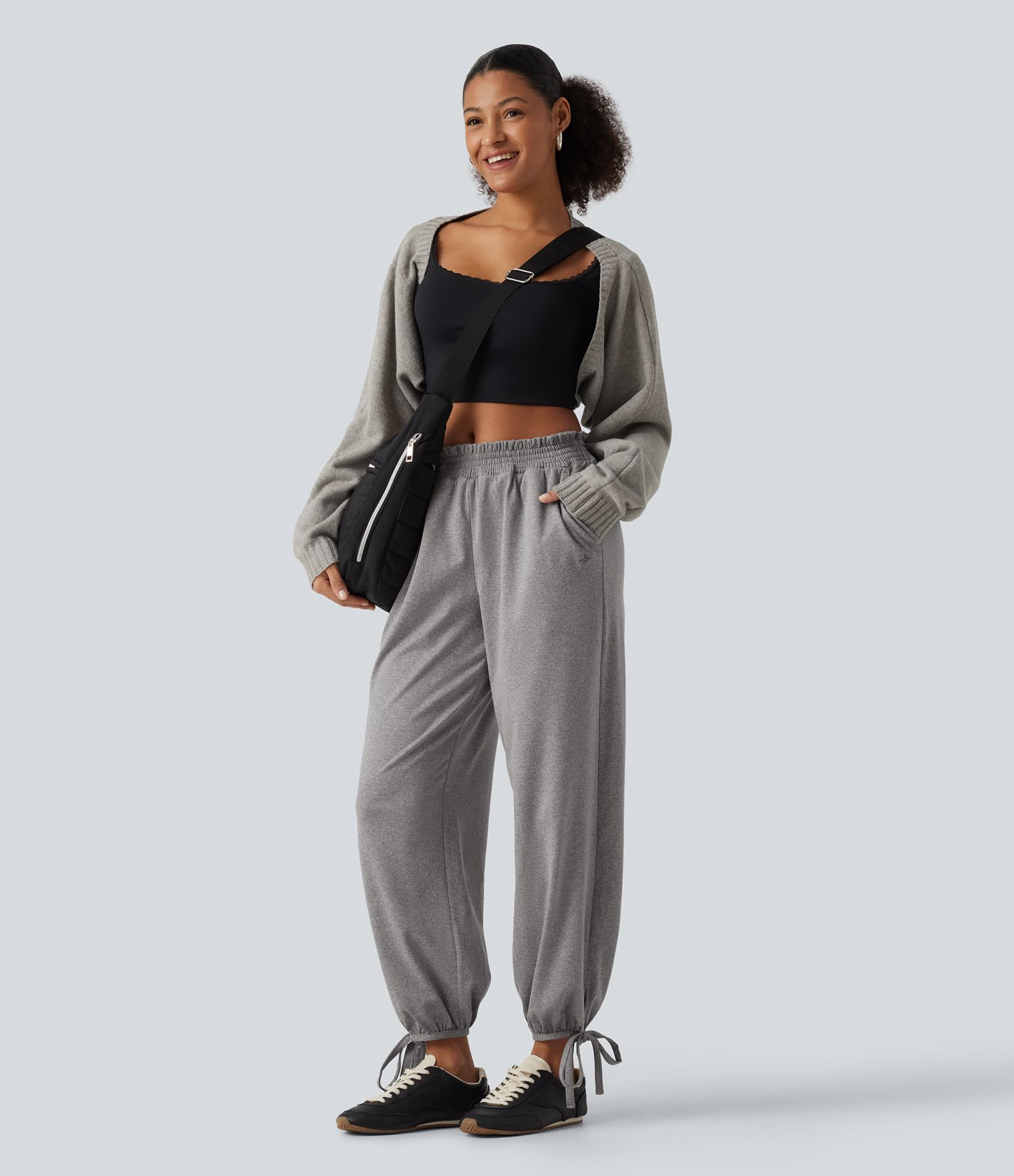 Mid Rise Shirred Lace Up Casual Sweatpants with Pockets