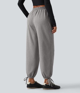 Mid Rise Shirred Lace Up Casual Sweatpants with Pockets