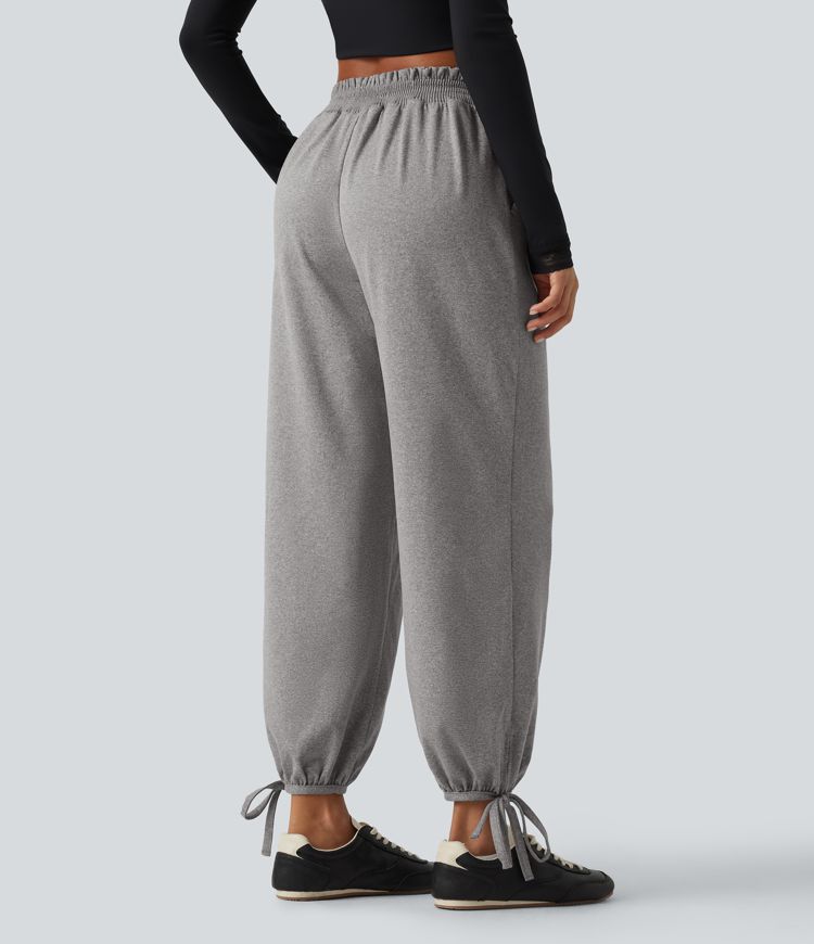 Mid Rise Shirred Lace Up Casual Sweatpants with Pockets