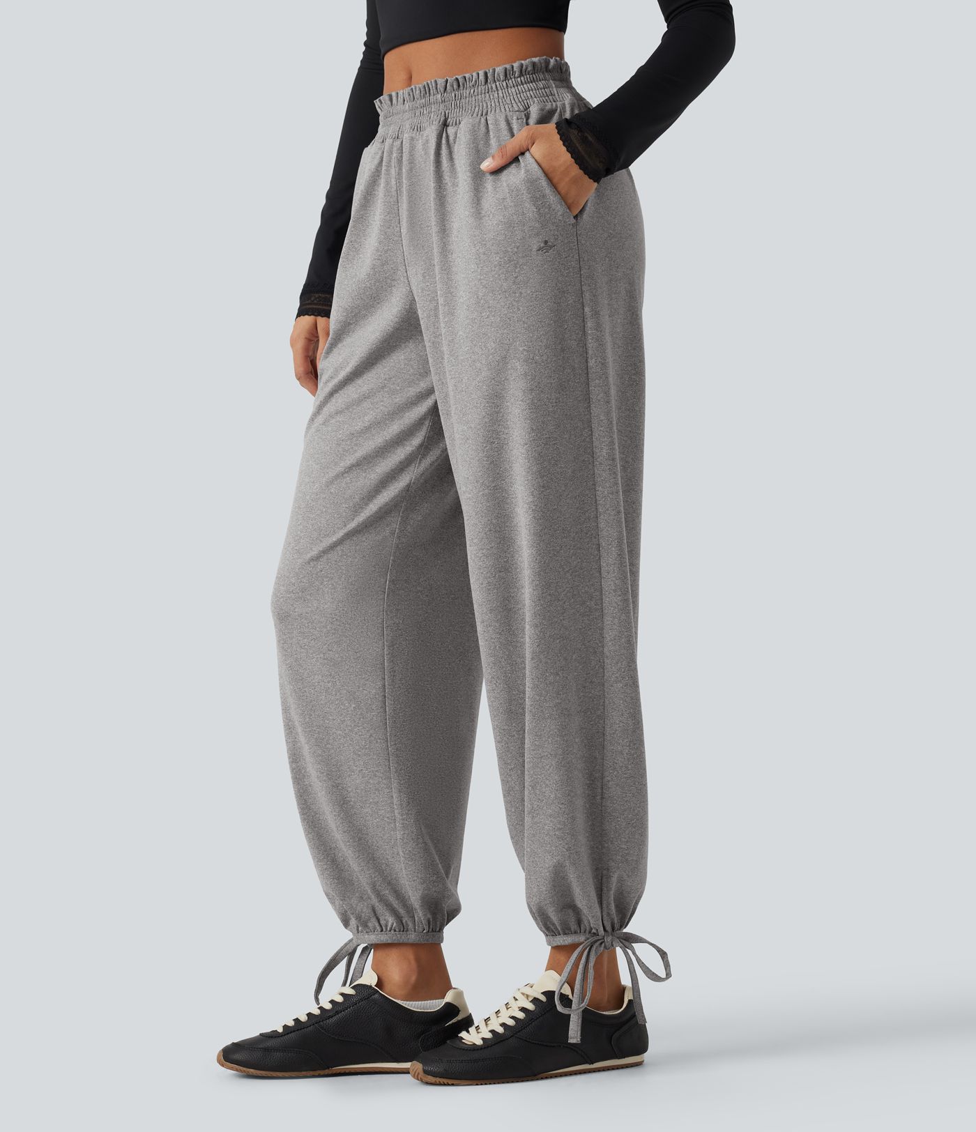 Mid Rise Shirred Lace Up Casual Sweatpants with Pockets