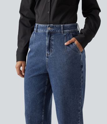 Halara Flex™ High Waisted Tapered Casual Cotton Jeans with Pockets Halara Flex™ High Waisted Tapered Casual Cotton Jeans with Pockets
