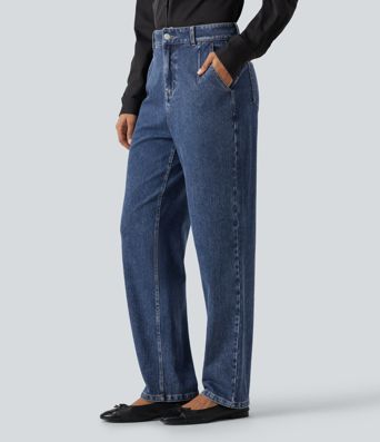 Halara Flex™ High Waisted Tapered Casual Cotton Jeans with Pockets Halara Flex™ High Waisted Tapered Casual Cotton Jeans with Pockets
