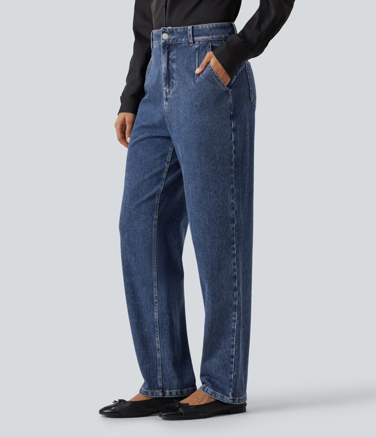 Halara Flex™ High Waisted Tapered Casual Cotton Jeans with Pockets Halara Flex™ High Waisted Tapered Casual Cotton Jeans with Pockets