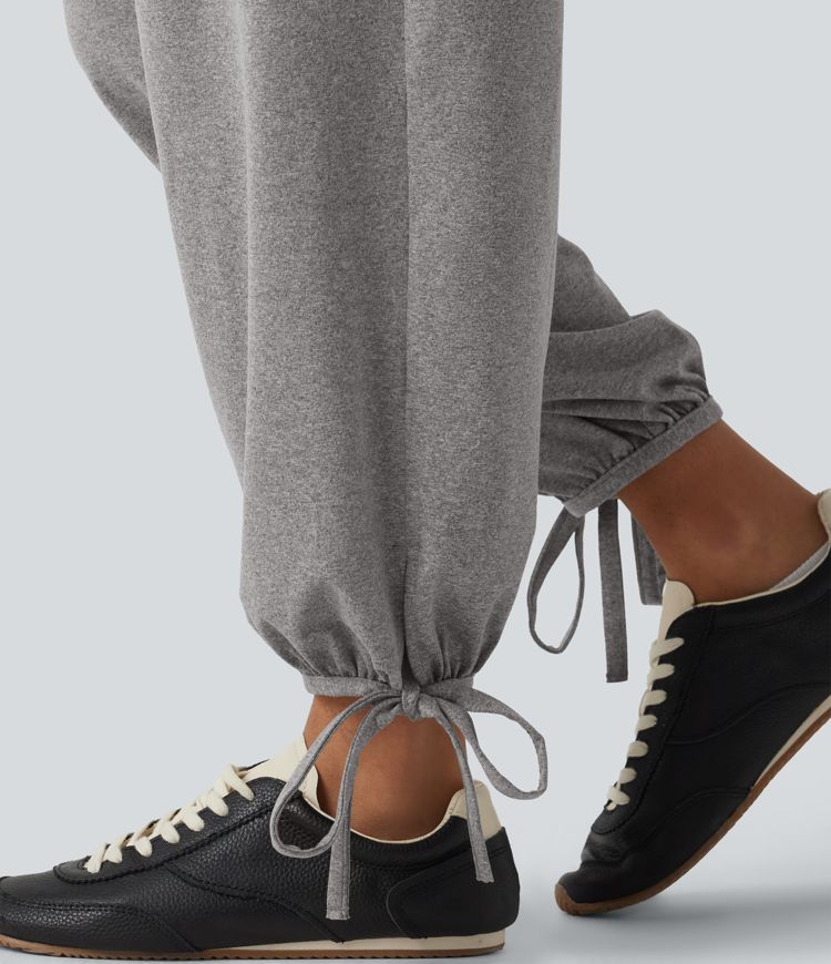 Mid Rise Shirred Lace Up Casual Sweatpants with Pockets